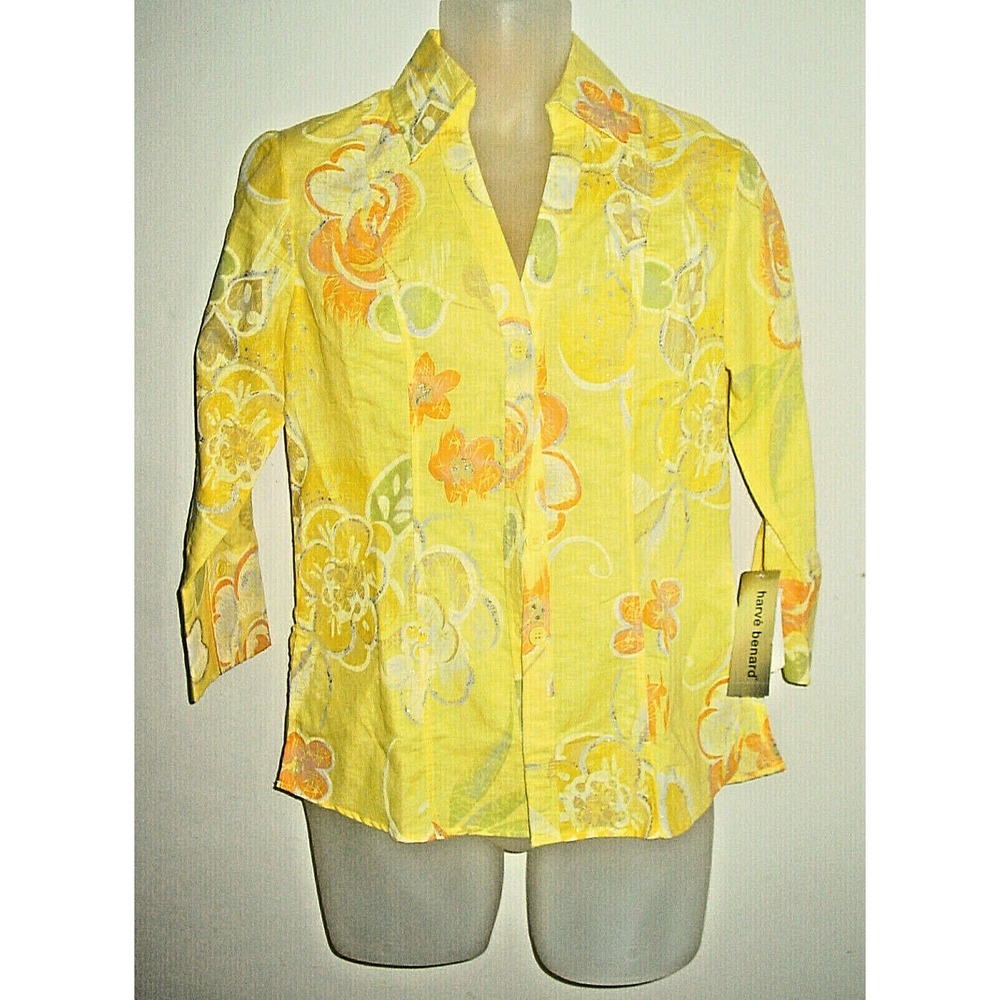 Harve Benard Tunic Top Women's Size S Yellow Multi Linen Floral V Neck Button